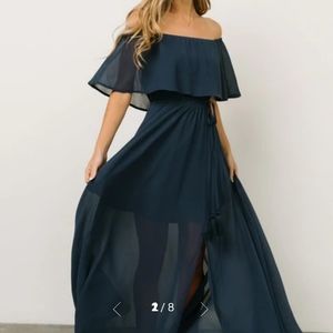 Baltic Born Navy Blue Off the Shoulder Maci dress with a slit